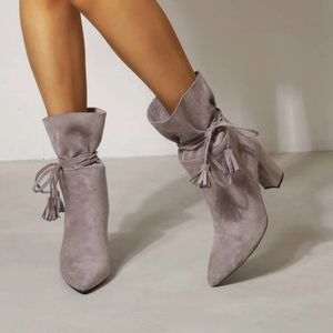 SHEIN • New Stylish Gray Suede Pointed Toe Boots w/ Tassel Bow